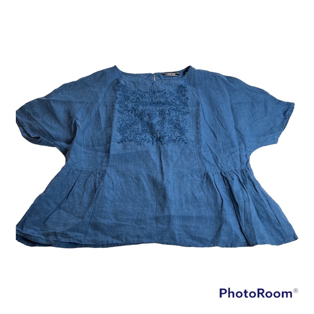 LANDS END 14 Linen Embroidered Peplum Blouse Chambray Blue Pullover